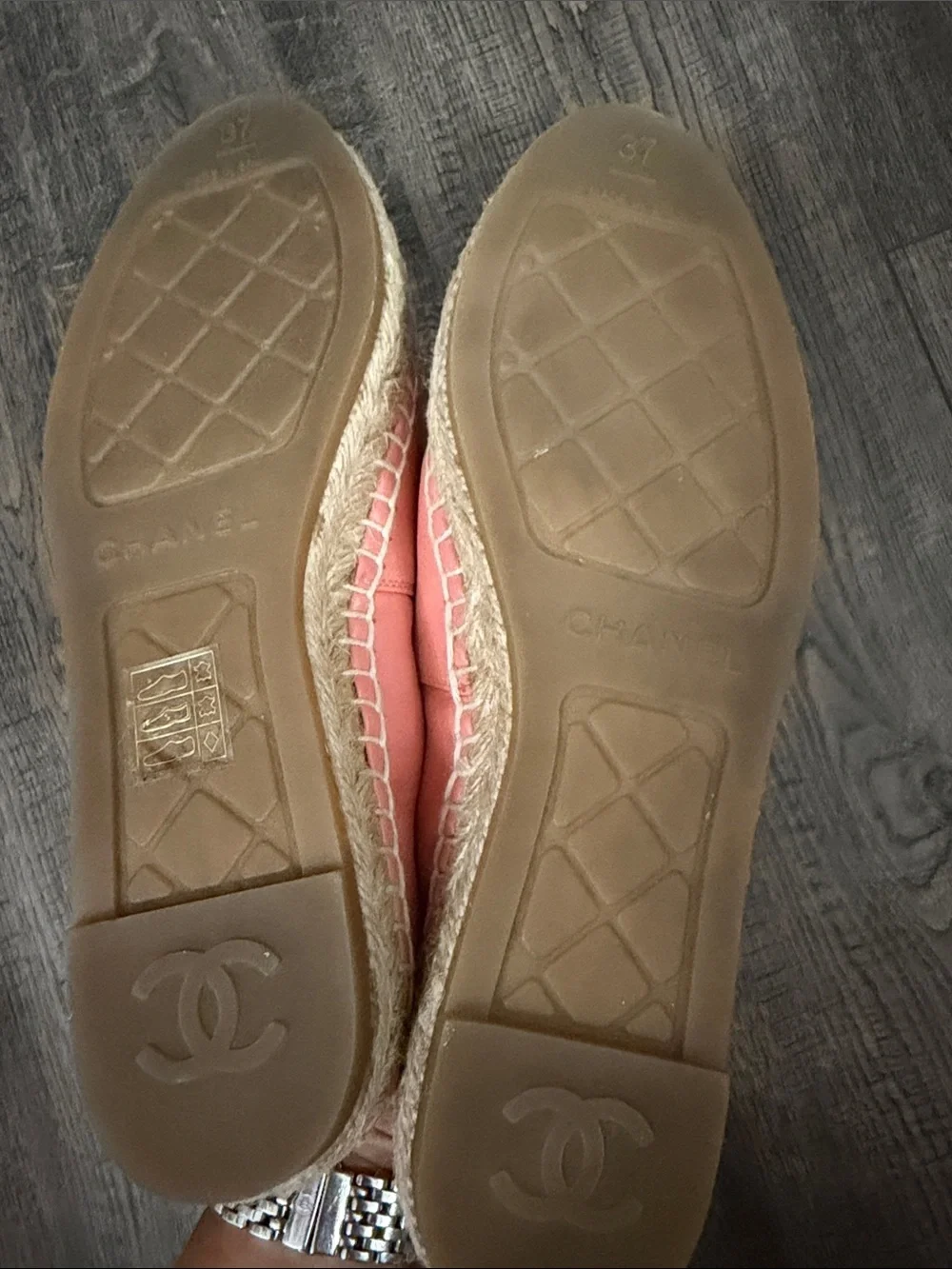 CHANEL Coral Pink Leather Espadrilles with Black Cap Toe
